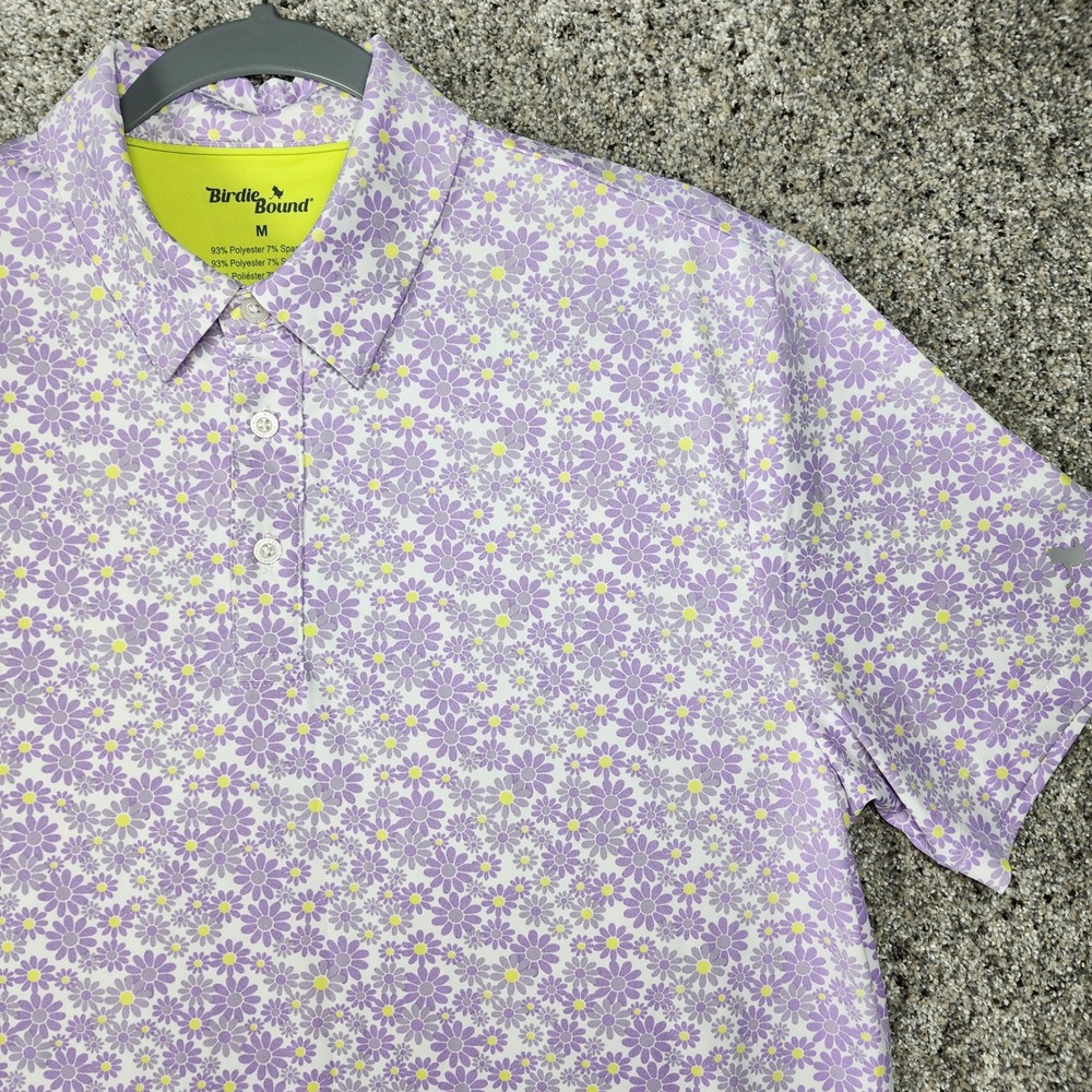 Birdie Bound Polo Shirt Mens Medium Floral Daisy Performance Stretch Excellent